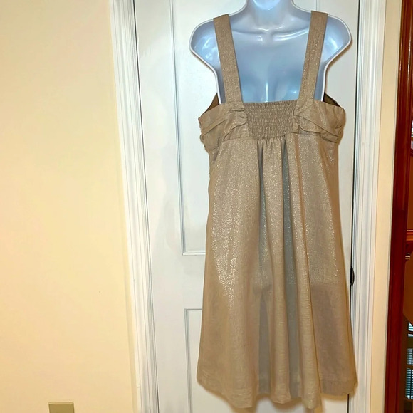 Vintage Linen Blend Dress Women12 Tan Gold Metallic Thread Sleeveless Baby Doll - Picture 7 of 17